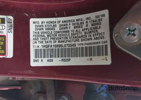 2006 Honda Civic Ex из США, поврежденный, VIN 1HGFA16896L070549